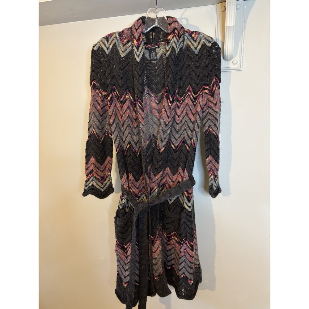 LUCKY BRAND Gray Orange Chevron Wool Blend Belted‎ Duster Sweater S Boho Country